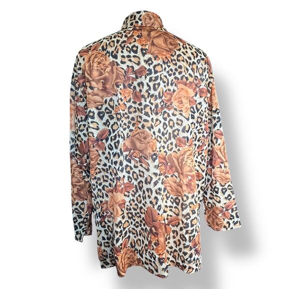 Vintage Leopard Rose Dark Floral Animal Print Button Up Sheer Blouse Plus 2X USA - Picture 6 of 11